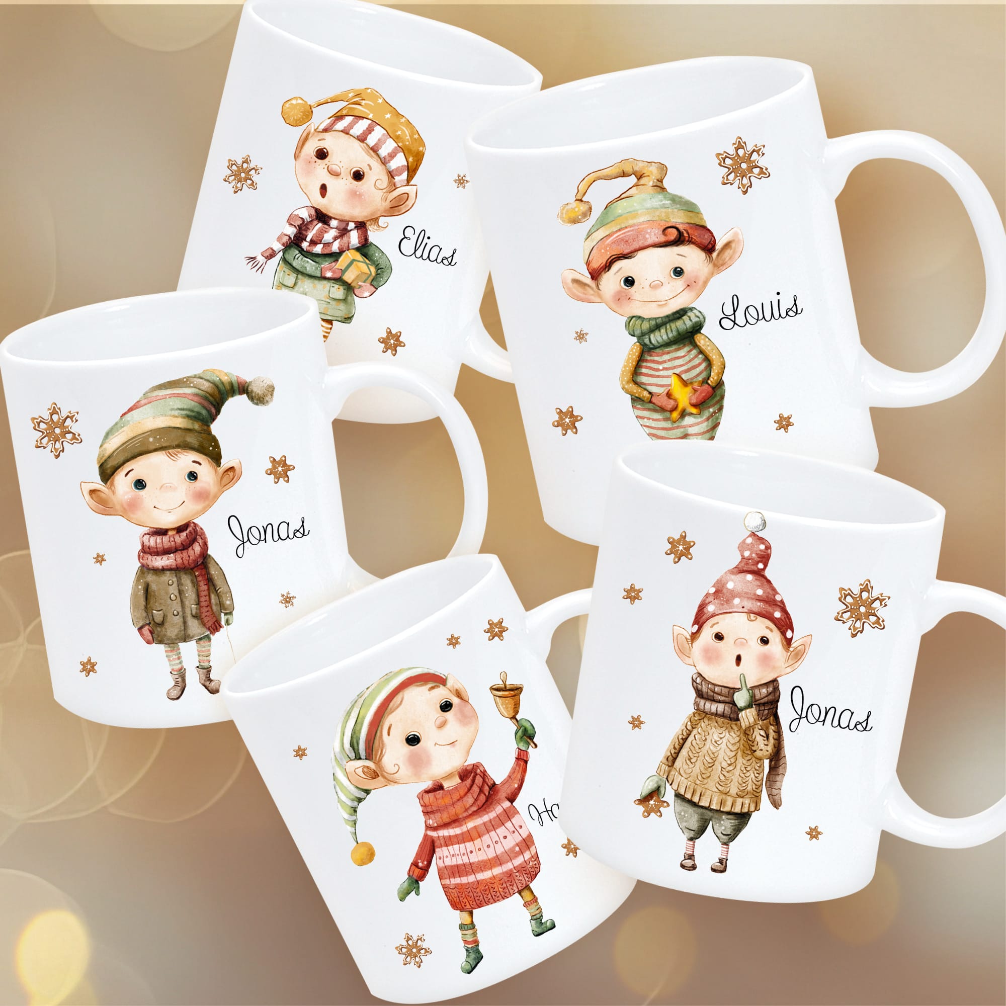 Weihnachtstasse Elfen mit einem Spielzeugauto Geschenk Glocke Lebkuchen Schneeflocken und Wunschnamen, personalisiertes Geschenk Tasse Becher Keramik