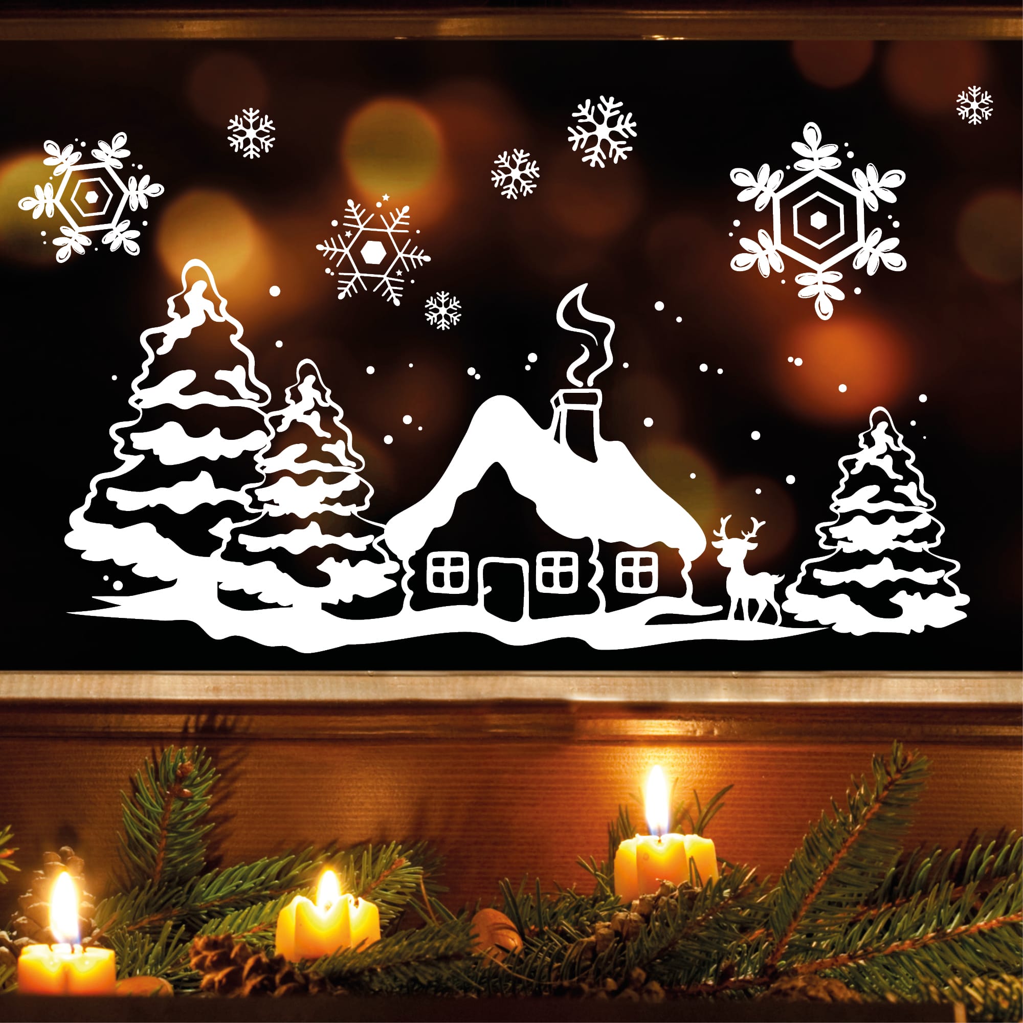 Fensterbild Weihnachten Häuschen mit Reh Schneeflocken WIEDERVERWENDBAR