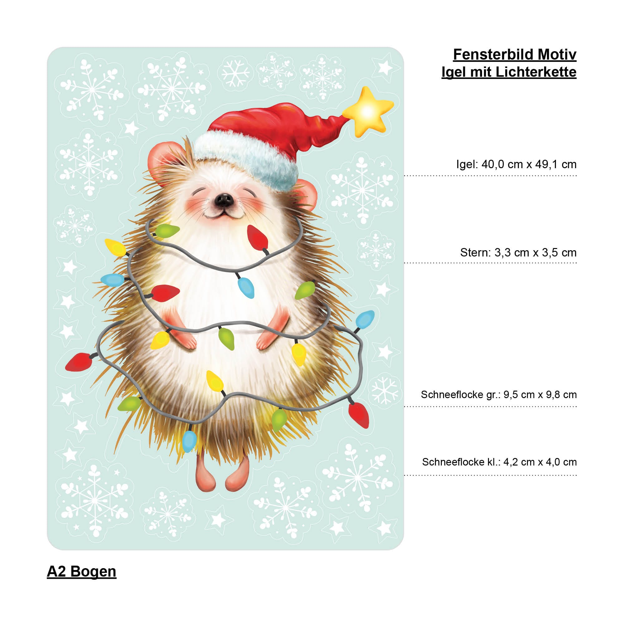 Auf dem Bild ist das Produkt: Fensterbild Weihnachten Winter Igel Lichterkette Schneeflocken Fensteraufkleber wiederverwendbar zum Preis von €13.90 abgebildet.