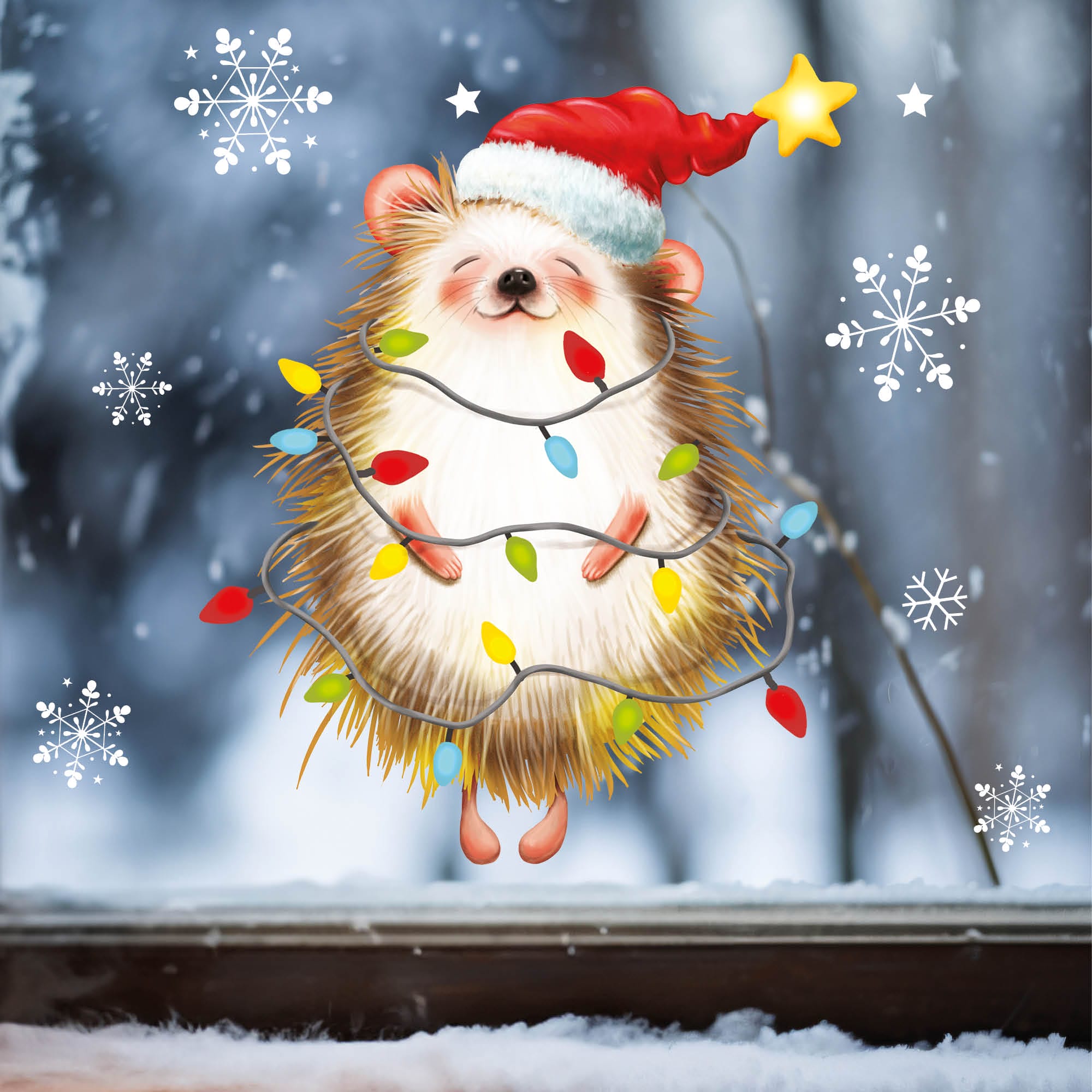 Auf dem Bild ist das Produkt: Fensterbild Weihnachten Winter Igel Lichterkette Schneeflocken Fensteraufkleber wiederverwendbar zum Preis von €13.90 abgebildet.