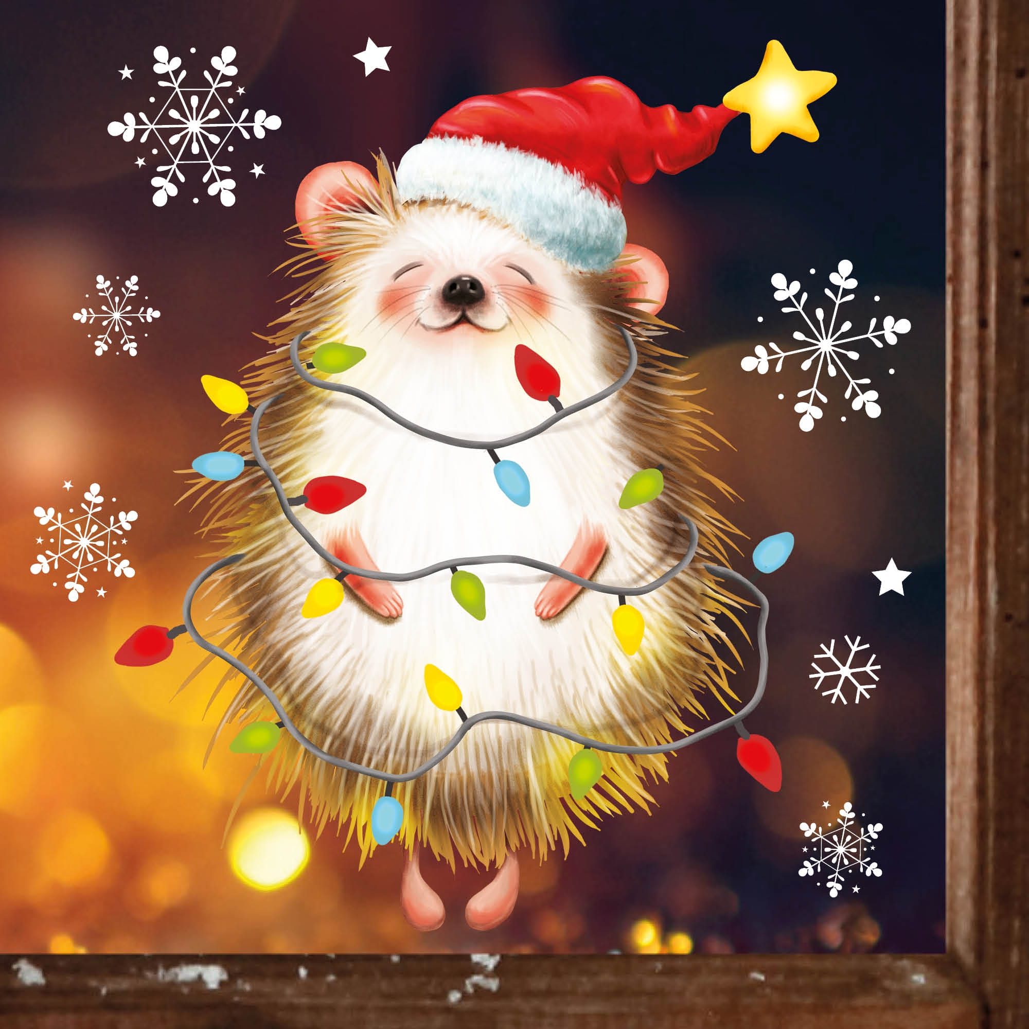 Fensterbild Weihnachten Winter Igel Lichterkette Schneeflocken Fensteraufkleber wiederverwendbar