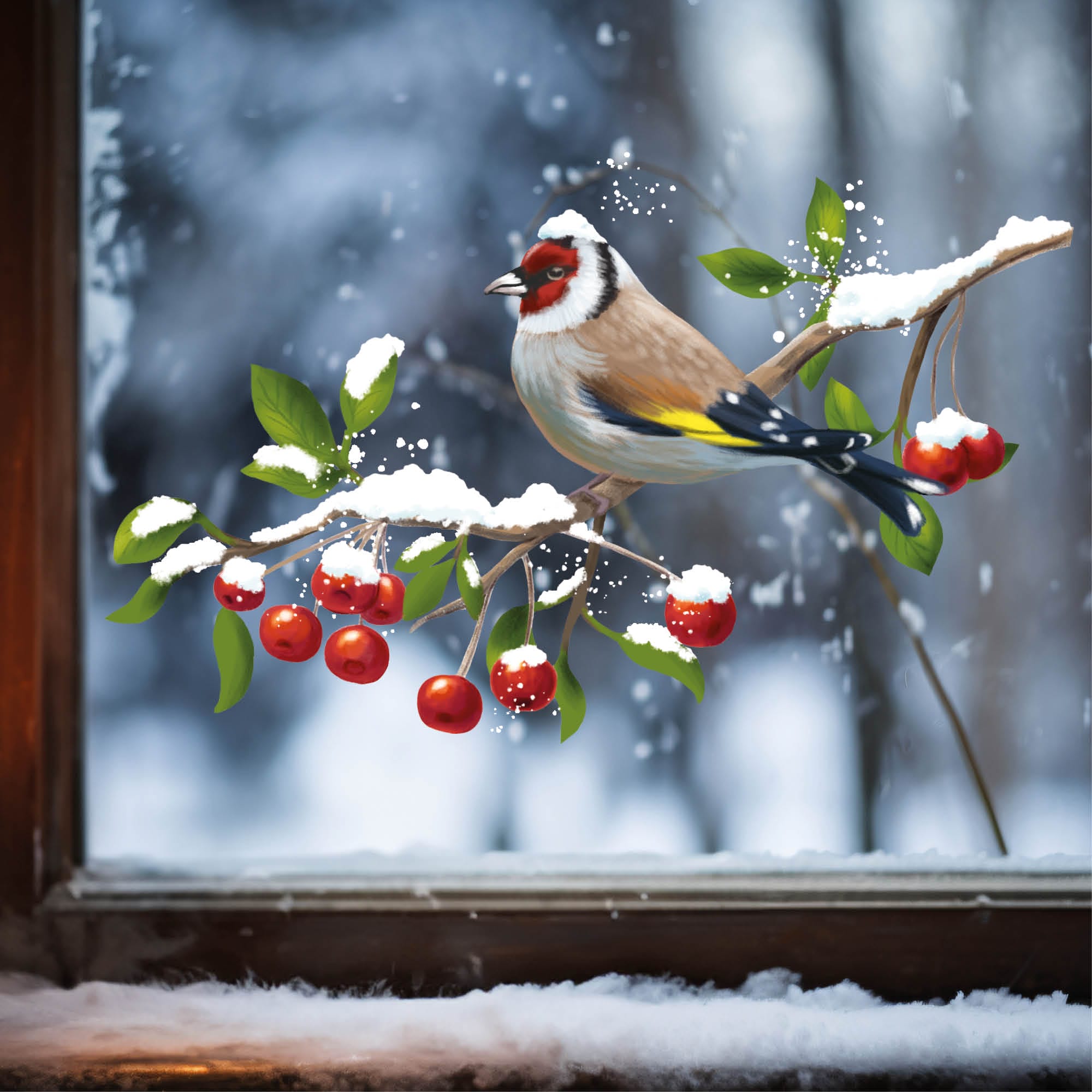 Fensterbild Winter Vogel Stieglitz Wiederverwendbar Wintermotiv Weihnachtsdekoration Fensteraufkleber