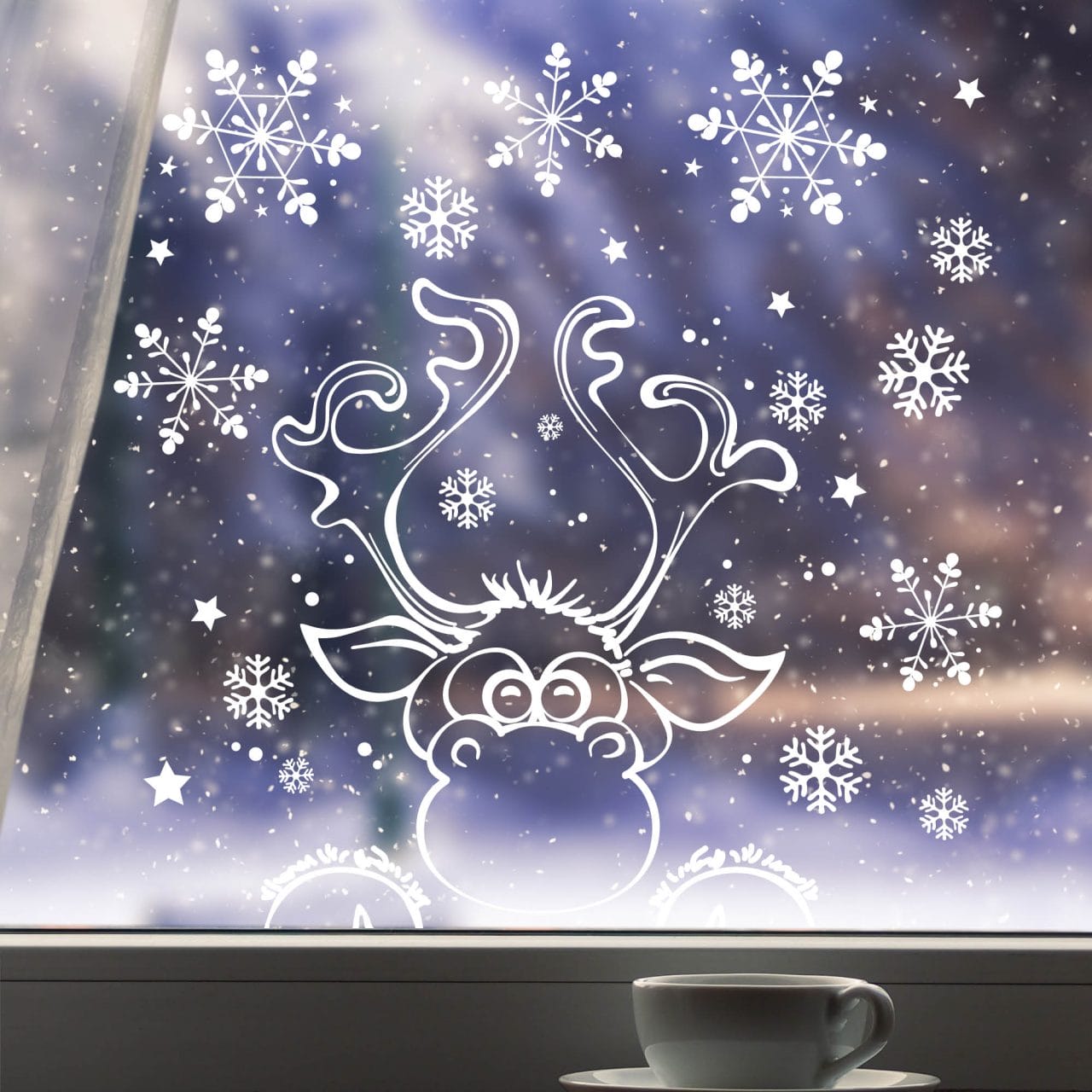 Fensterbild Weihnachten Winter Elch Schneeflocken WIEDERVERWENDBAR Fensterbild Weihnachten Winter Elch Schneeflocken WIEDERVERWENDBAR