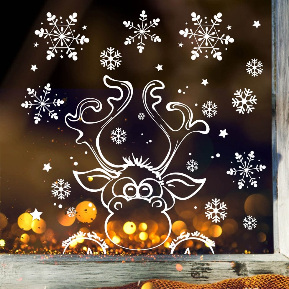 Weihnachts Fensterbilder Set – 10 Blatt Selbstklebend, Mit Schneeflocken & Motiven, Weiß