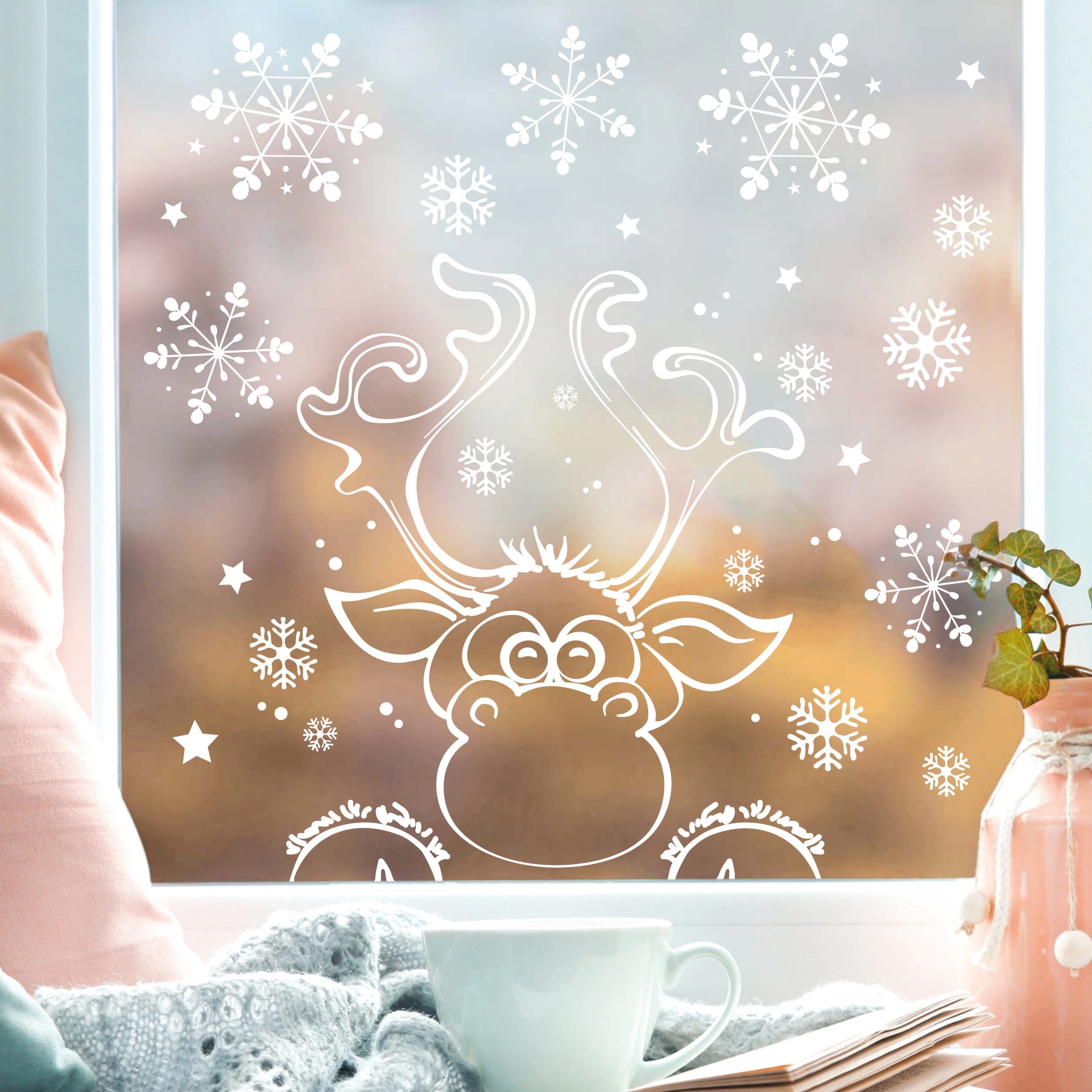 Fensterbild Weihnachten Elch Schneeflocken WIEDERVERWENDBAR