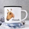 Auf dem Bild ist das Produkt: Campingbecher Emaille Pferd Haflinger mit Wunschname personalisiert, Geburtstagsgeschenk zum Preis von €18.9 abgebildet.