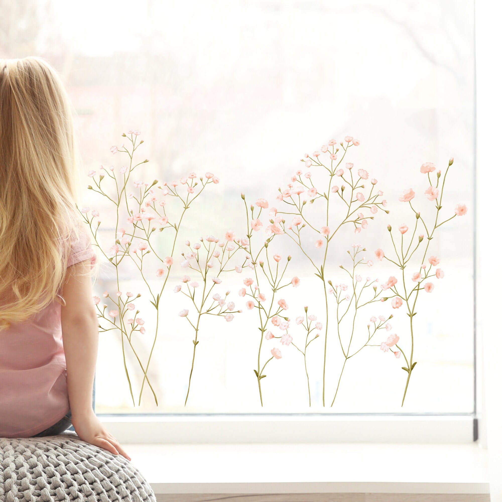 Fensterbild Frühling Ostern zarte Blumen Gypsophila Blumenwiese, Fensterdeko Kinderzimmer Kind