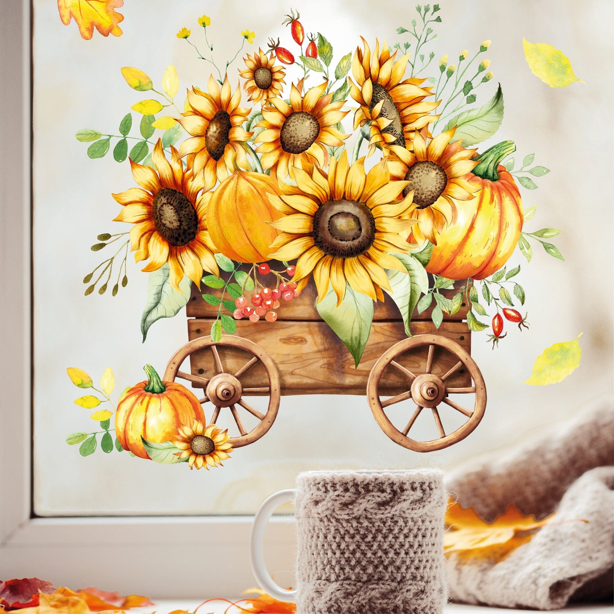 Fensterbild Holzwagen Sonnenblumen Herbst Kürbis wiederverwendbare Fensteraufkleber