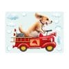 Auf dem Bild ist das Produkt: Fensterbild Hund im retro Feuerwehrauto mit Wolken, Fensterdeko Kinderzimmer Kind zum Preis von €12.90 abgebildet.