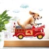 Auf dem Bild ist das Produkt: Fensterbild Hund im retro Feuerwehrauto mit Wolken, Fensterdeko Kinderzimmer Kind zum Preis von €12.90 abgebildet.