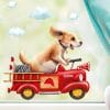 Auf dem Bild ist das Produkt: Fensterbild Hund im retro Feuerwehrauto mit Wolken, Fensterdeko Kinderzimmer Kind zum Preis von €12.90 abgebildet.