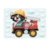 Auf dem Bild ist das Produkt: Fensterbild Hund mit Helm im Feuerwehrauto mit Wolken, Fensterdeko Kinderzimmer Kind zum Preis von €13.90 abgebildet.