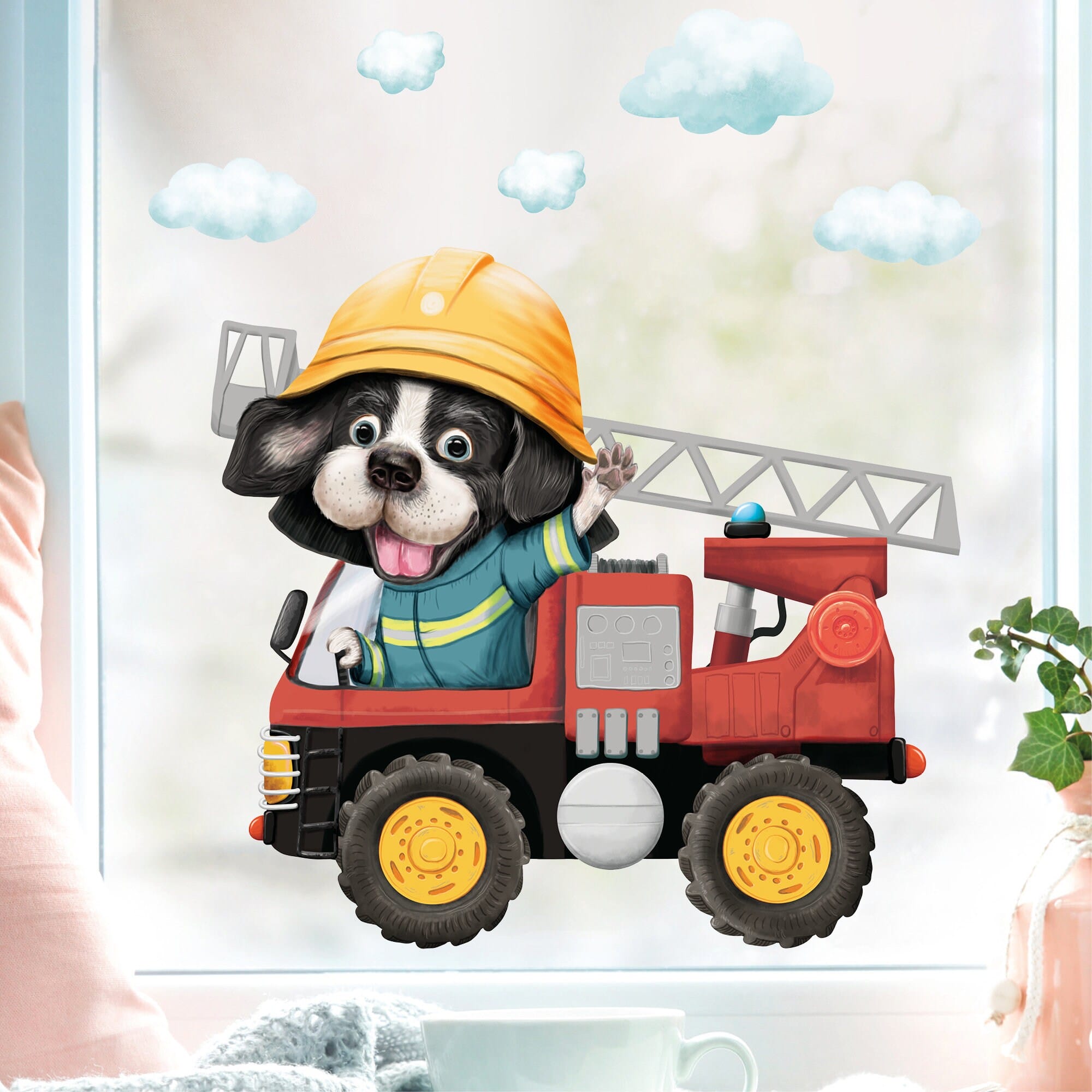 Fensterbild Hund mit Helm im Feuerwehrauto mit Wolken, Fensterdeko Kinderzimmer Kind