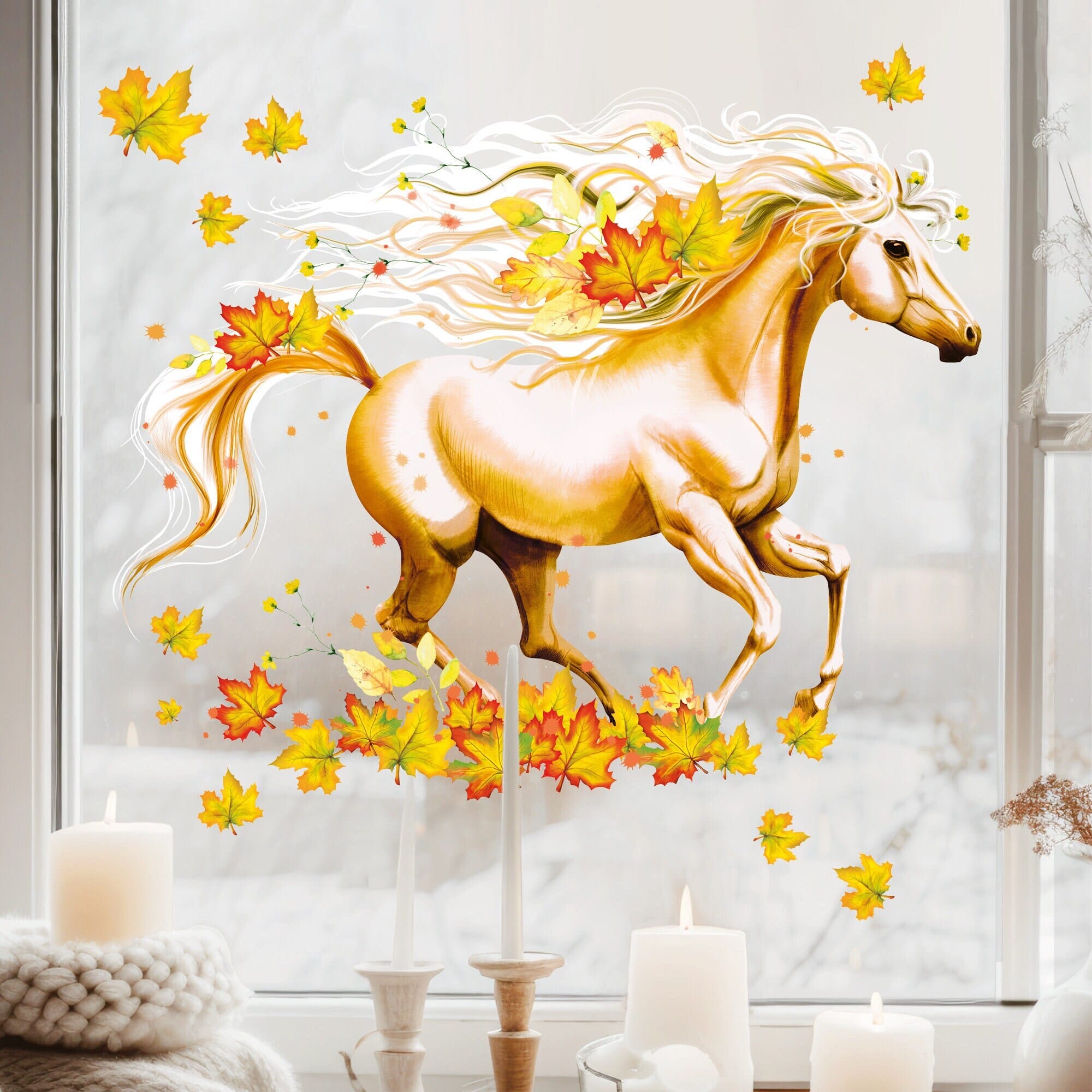 Fensterbild Pferd Herbst Galopp Blätter Herbstblätter bunt farbig wiederverwendbare Fensteraufkleber