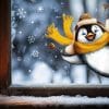 Auf dem Bild ist das Produkt: Fensterbild Pinguin hineinschauend Winter Fenster mit Schneeflocken Adventsdeko zum Preis von €14.90 abgebildet.