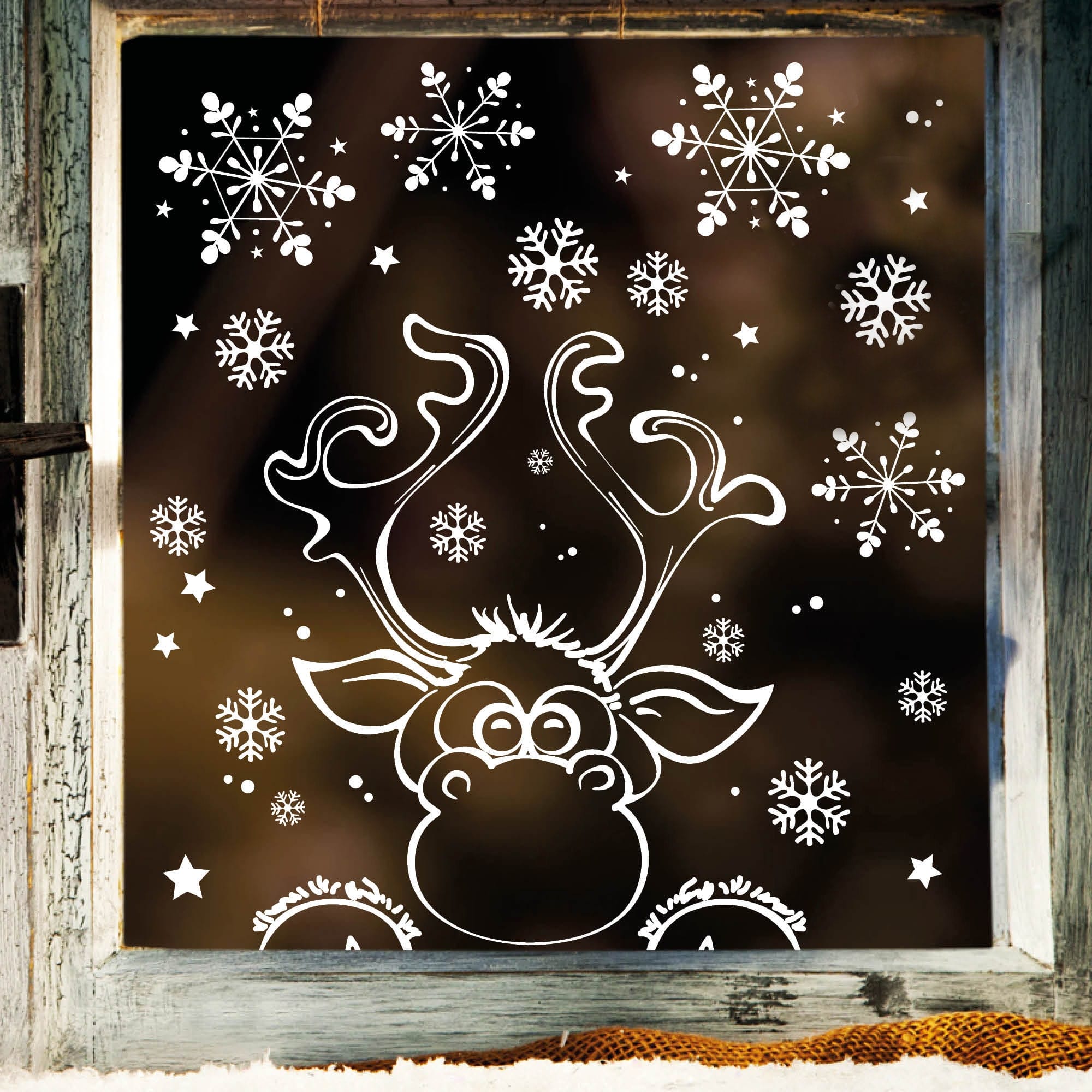 Fensterbild Weihnachten Winter Elch Schneeflocken WIEDERVERWENDBAR Fensterfolie Kinderzimmer weiß