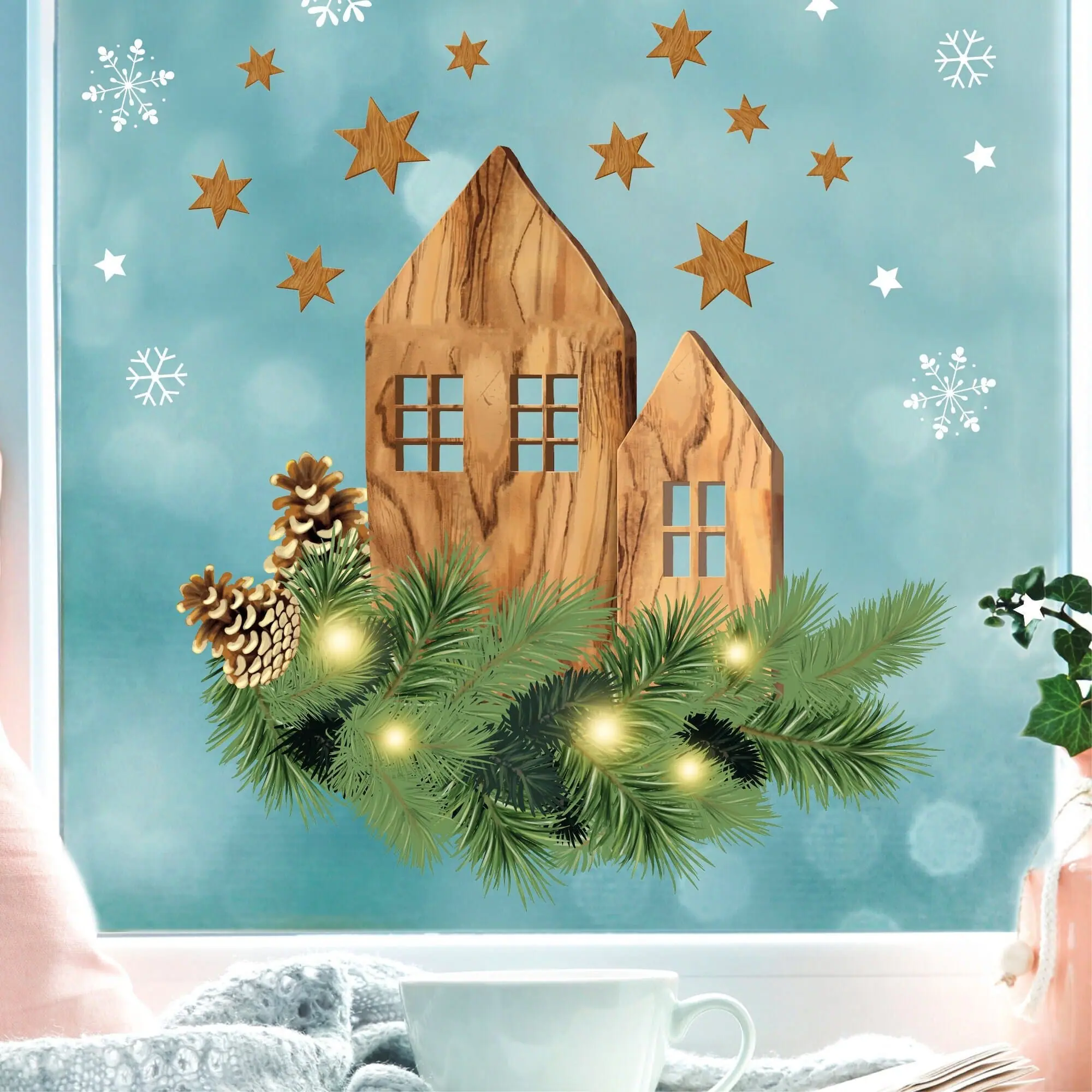 Auf dem Bild ist das Produkt: Fensterbild Weihnachten Weihnachtszweige Holzoptik Häuser Deko Winter Schneeflocken Fensteraufkleber Fensterdeko zum Preis von €13.90 abgebildet.