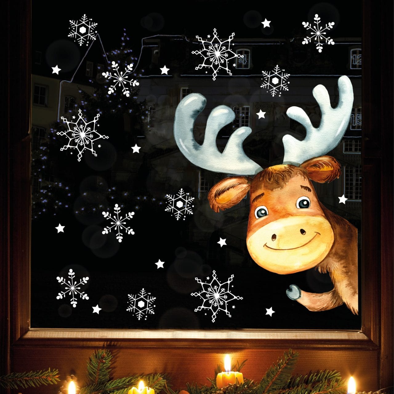 XL Fensterbild Weihnachtsmann Mit Rentier - Statisch Haftend, Wiederverwendbar, 44 Cm Hoch, Selbstklebend Für Fenster & Glas
