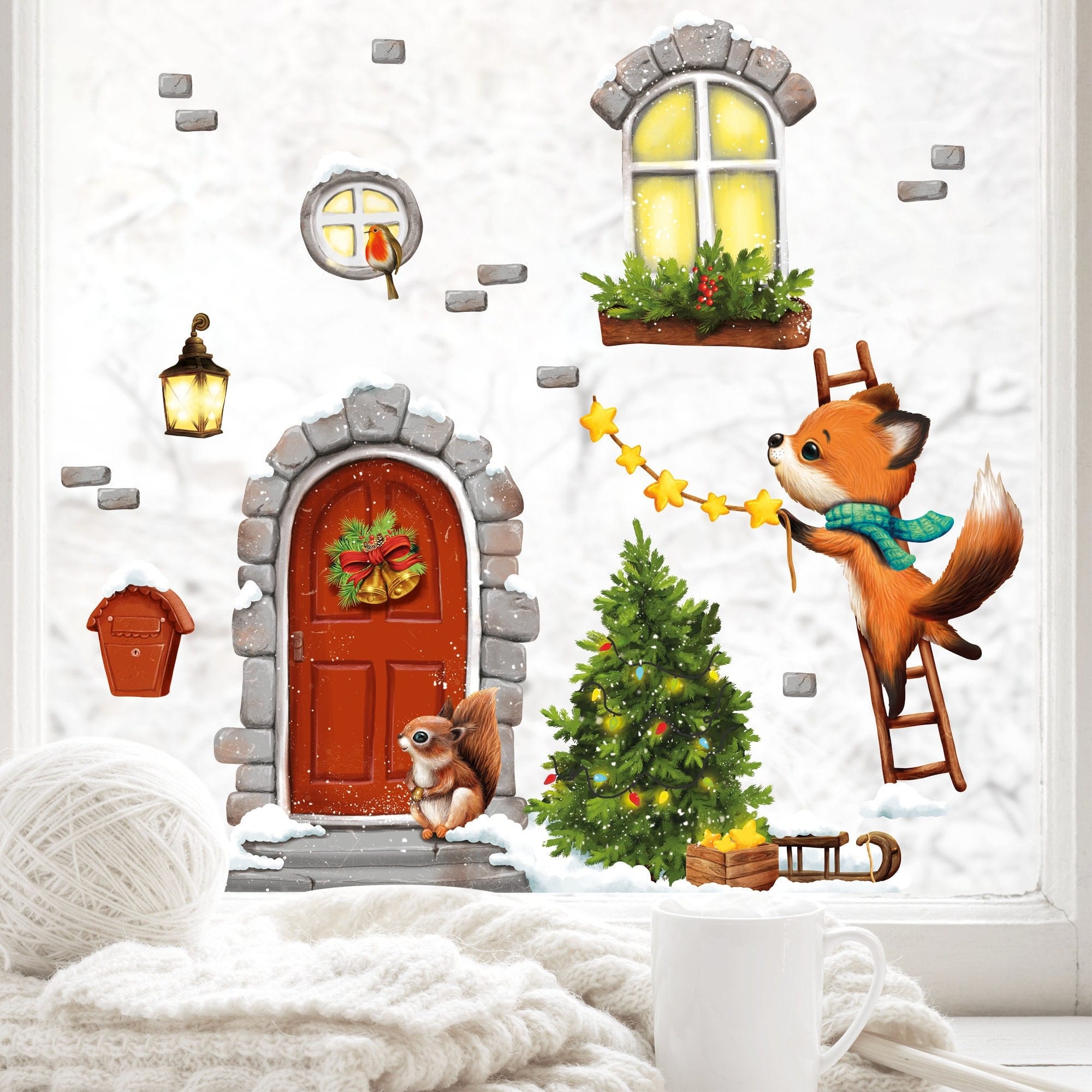 Fensterbild Weihnachten Winter Weihnachtstür mit Fuchs Leiter Weihnachtsdeko Schneeflocken Kinderzimmer Fenster, Weihnachtsdeko