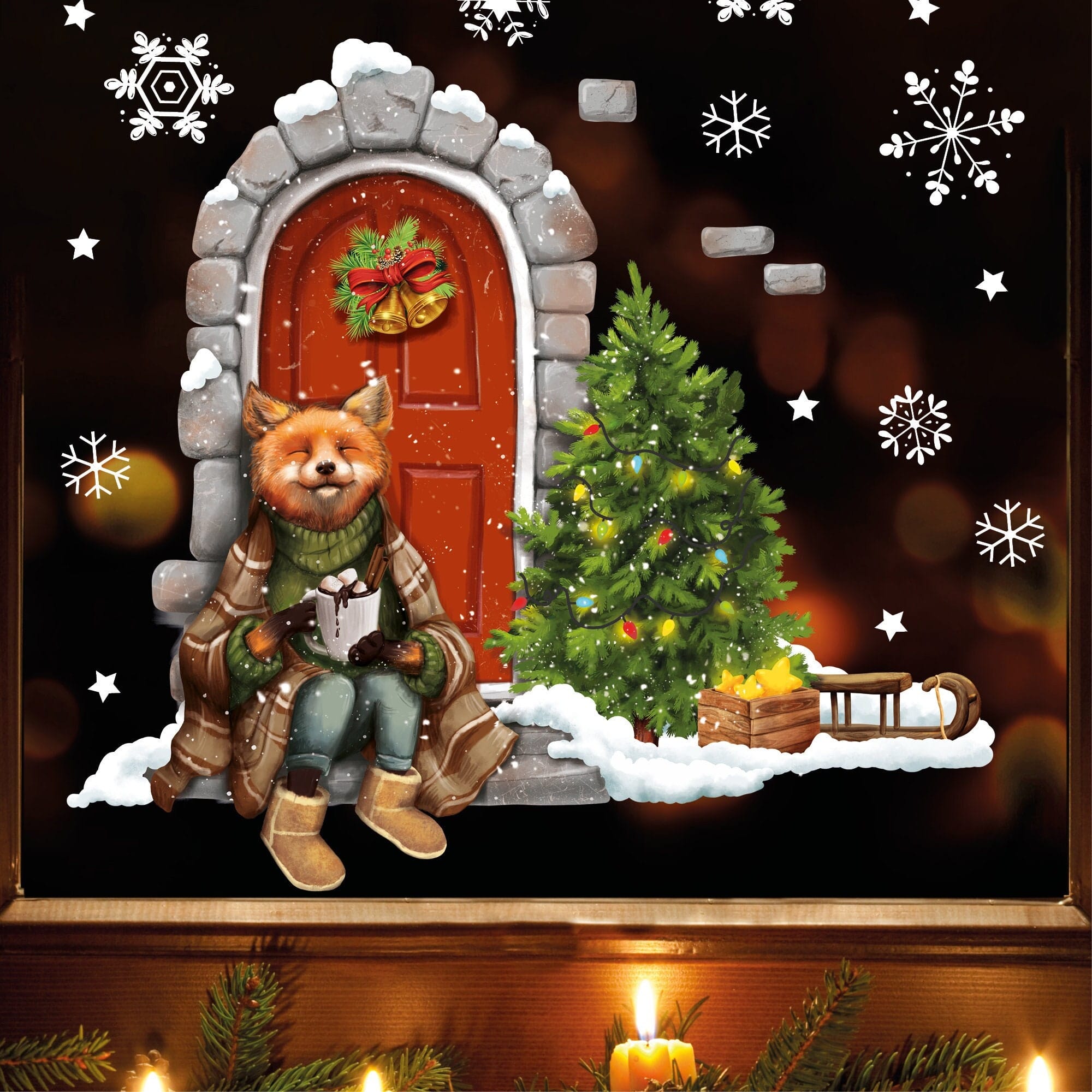 Fensterbild Weihnachten Winter Weihnachtstür mit Fuchs und Weihnachtsdeko Schneeflocken Kinderzimmer Fenster wiederverwendbar