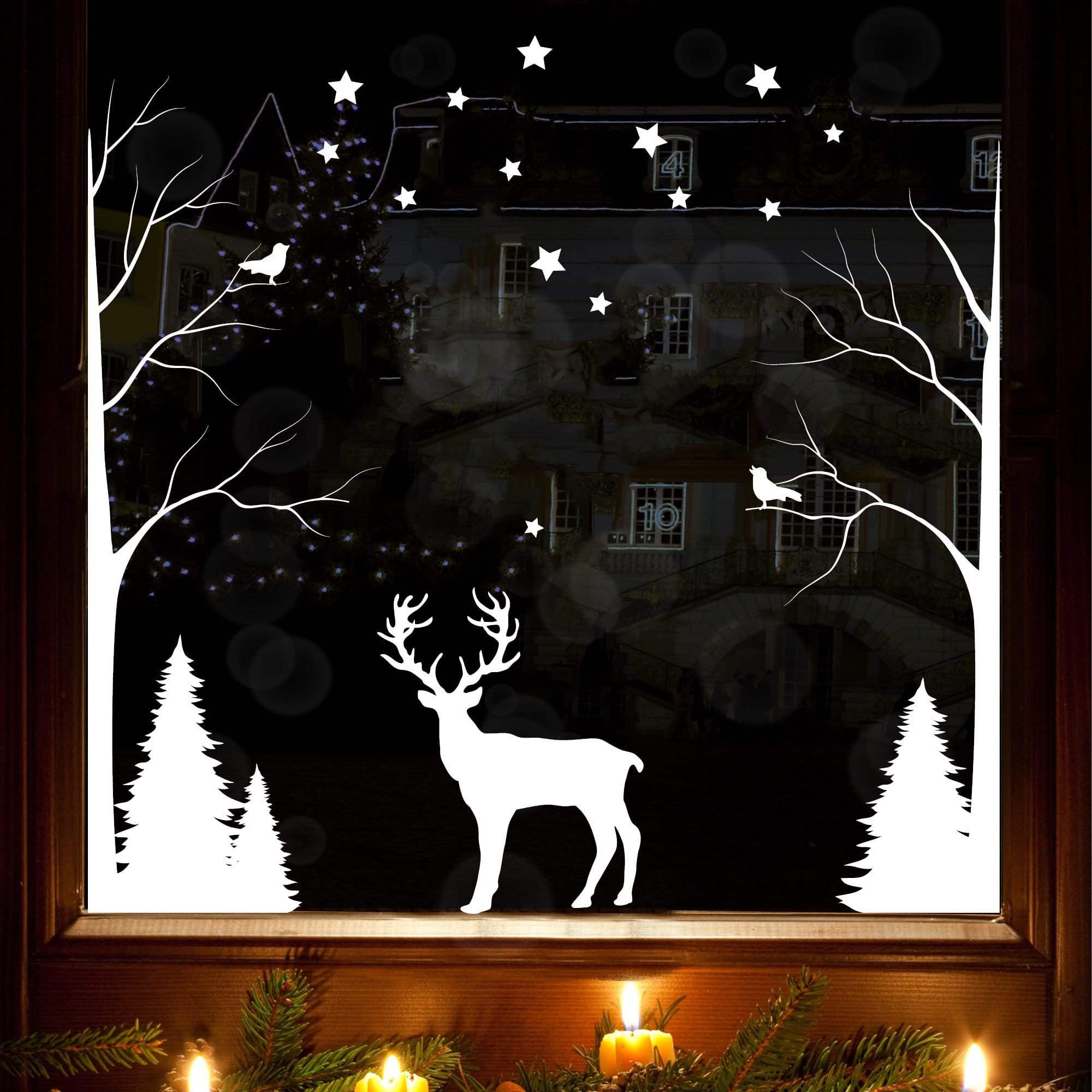 Fensterbild Weihnachten Winter weißer Hirsch mit Bäumen Fensteraufkleber Weihnachtsdekoration wiederverwendbar