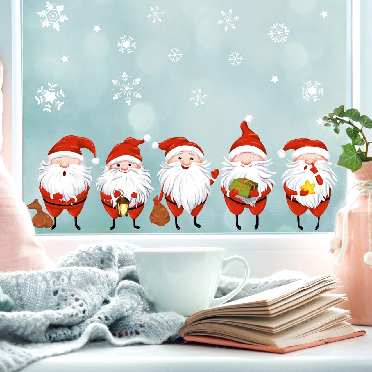 Whaline Vintage Weihnachts-Fensteraufkleber – 9 Blatt, Wiederverwendbar, Mit Schneemann & Weihnachtsmann (Rosa)