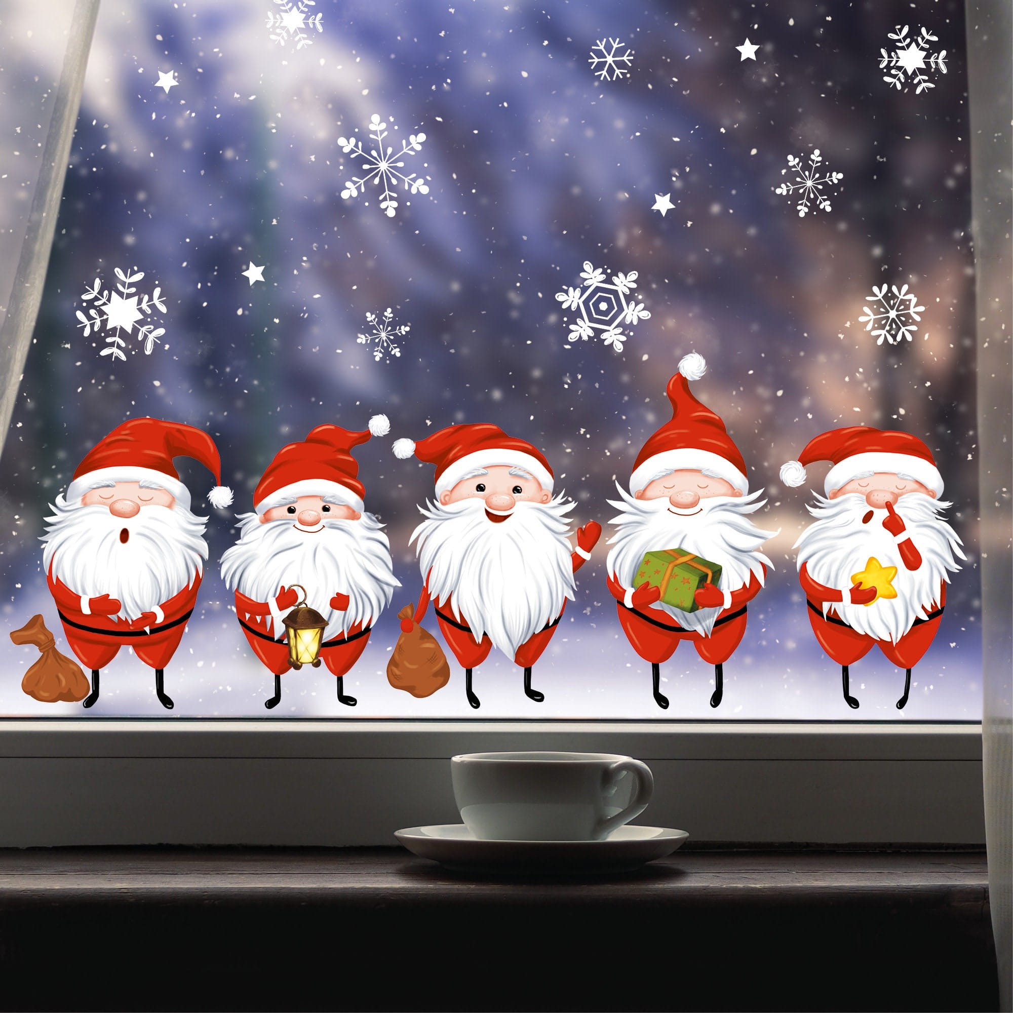 Fensterbild Weihnachtsmänner Wichtel 5 kleine Weihnachtwichtel Zwerge und Schneeflocken Fensteraufkleber wiederverwendbar