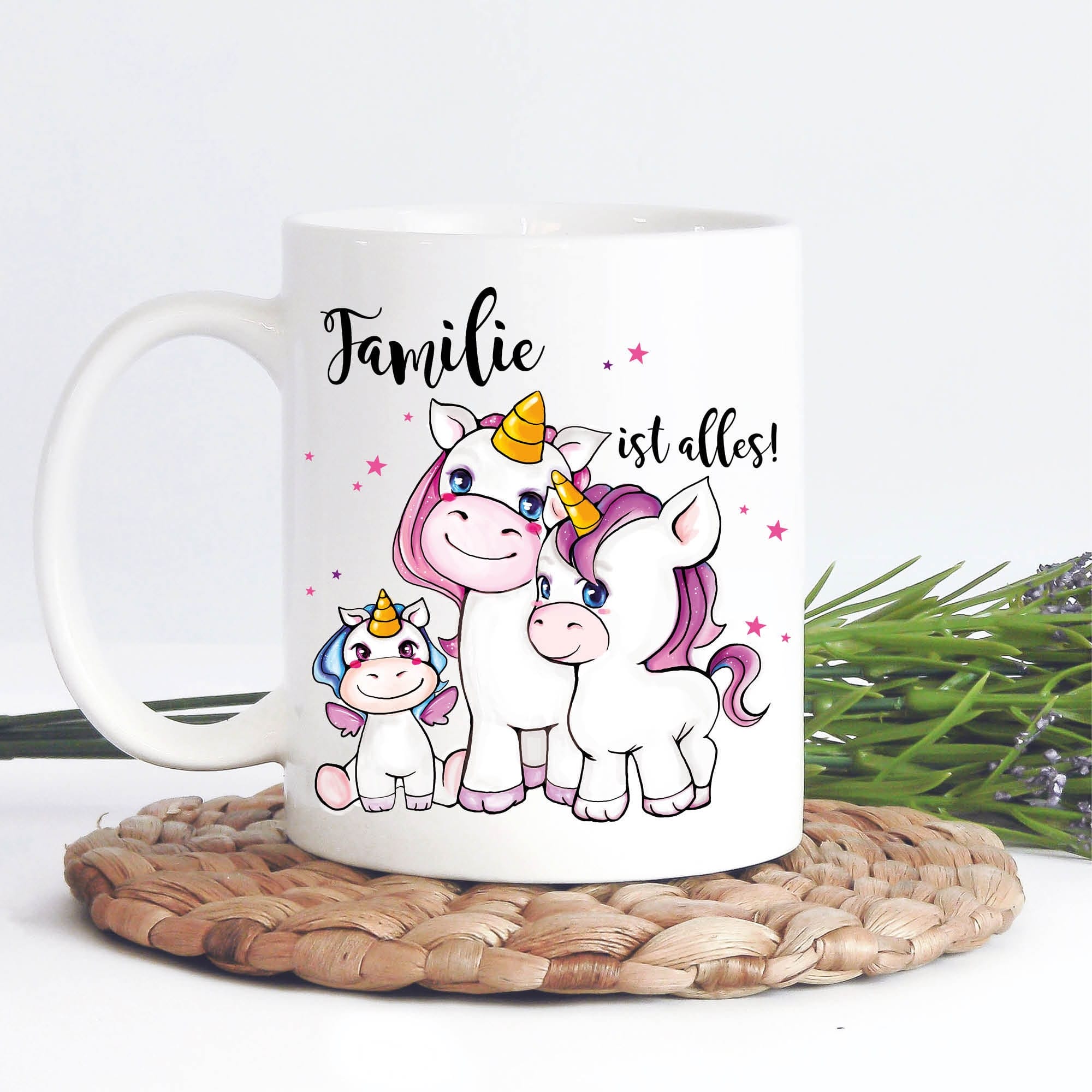 Geschenk Tasse bedruckt Familie ist alles Einhorn Familie Keramiktasse