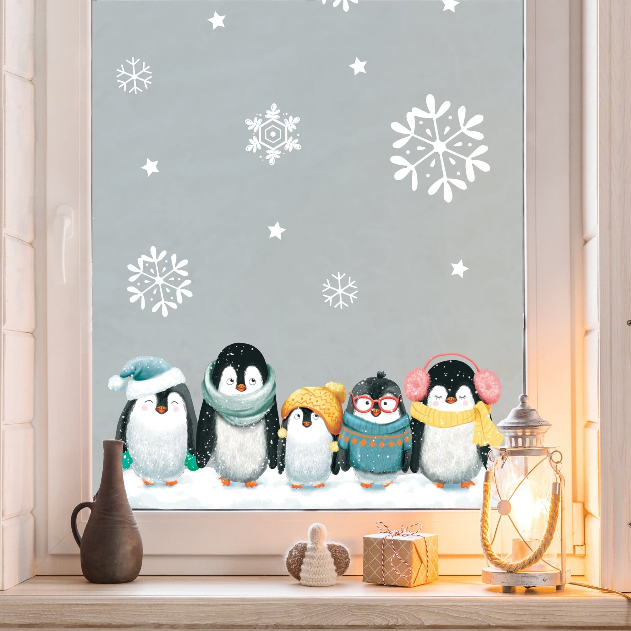 Sichtschutzfolie Weihnachten Winter Pinguine Schneeflocken wiederverwendbare Fensterfolie Fensterdeko Milchglasfolie, Weihnachtsdekoration