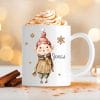 Auf dem Bild ist das Produkt: Weihnachtstasse Elfen mit einem Spielzeugauto Geschenk Glocke Lebkuchen Schneeflocken und Wunschnamen, personalisiertes Geschenk Tasse Becher Keramik zum Preis von €17.90 abgebildet.