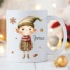 Auf dem Bild ist das Produkt: Weihnachtstasse Elfen mit einem Spielzeugauto Geschenk Glocke Lebkuchen Schneeflocken und Wunschnamen, personalisiertes Geschenk Tasse Becher Keramik zum Preis von €17.90 abgebildet.