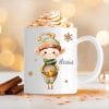 Auf dem Bild ist das Produkt: Weihnachtstasse Elfen mit einem Spielzeugauto Geschenk Glocke Lebkuchen Schneeflocken und Wunschnamen, personalisiertes Geschenk Tasse Becher Keramik zum Preis von €17.90 abgebildet.