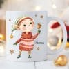 Auf dem Bild ist das Produkt: Weihnachtstasse Elfen mit einem Spielzeugauto Geschenk Glocke Lebkuchen Schneeflocken und Wunschnamen, personalisiertes Geschenk Tasse Becher Keramik zum Preis von €17.90 abgebildet.