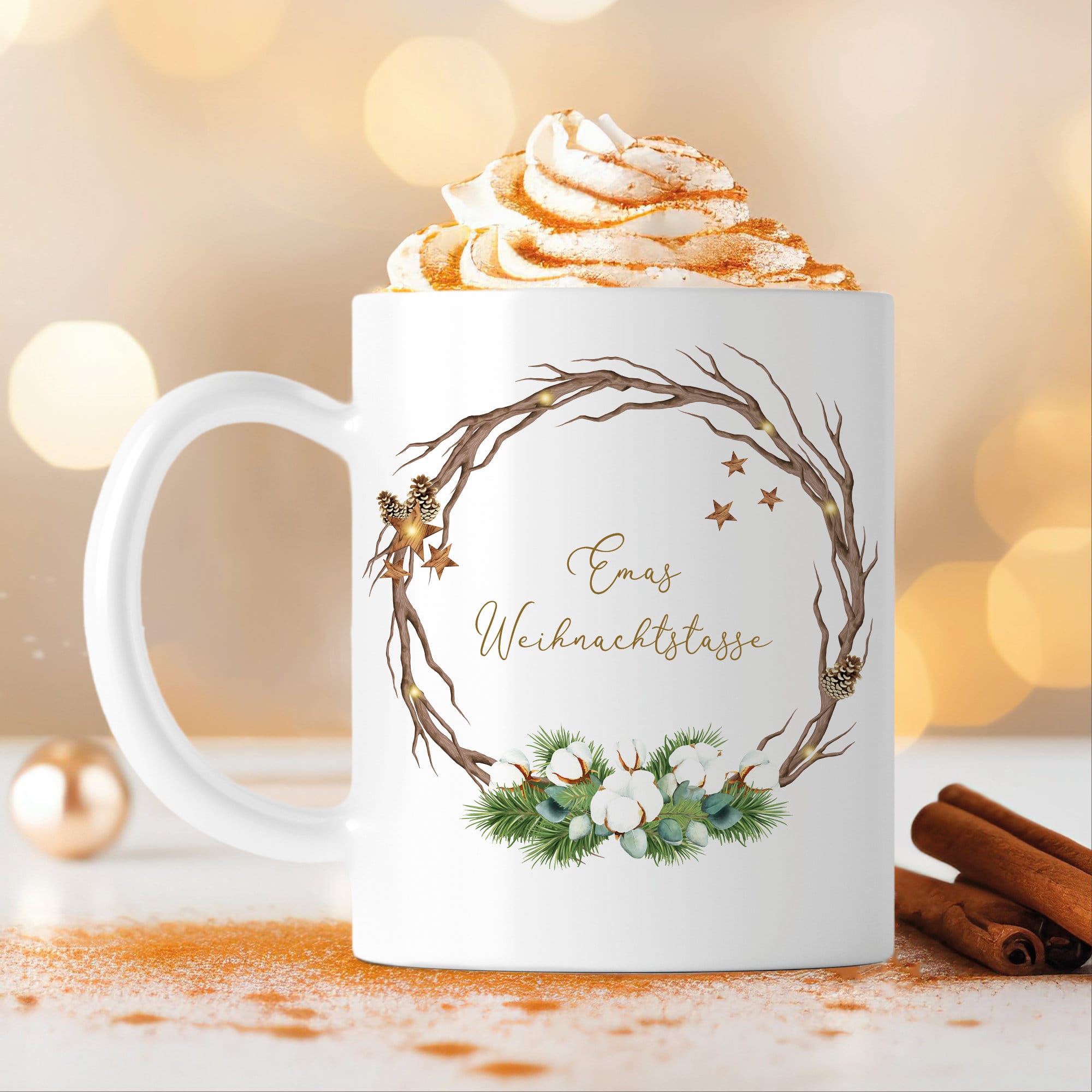 Weihnachtstasse Kranz Baumwolle mit Wunschnamen, Weihnachtskranz, personalisiertes Geschenk Geburtstag Kaffeetasse