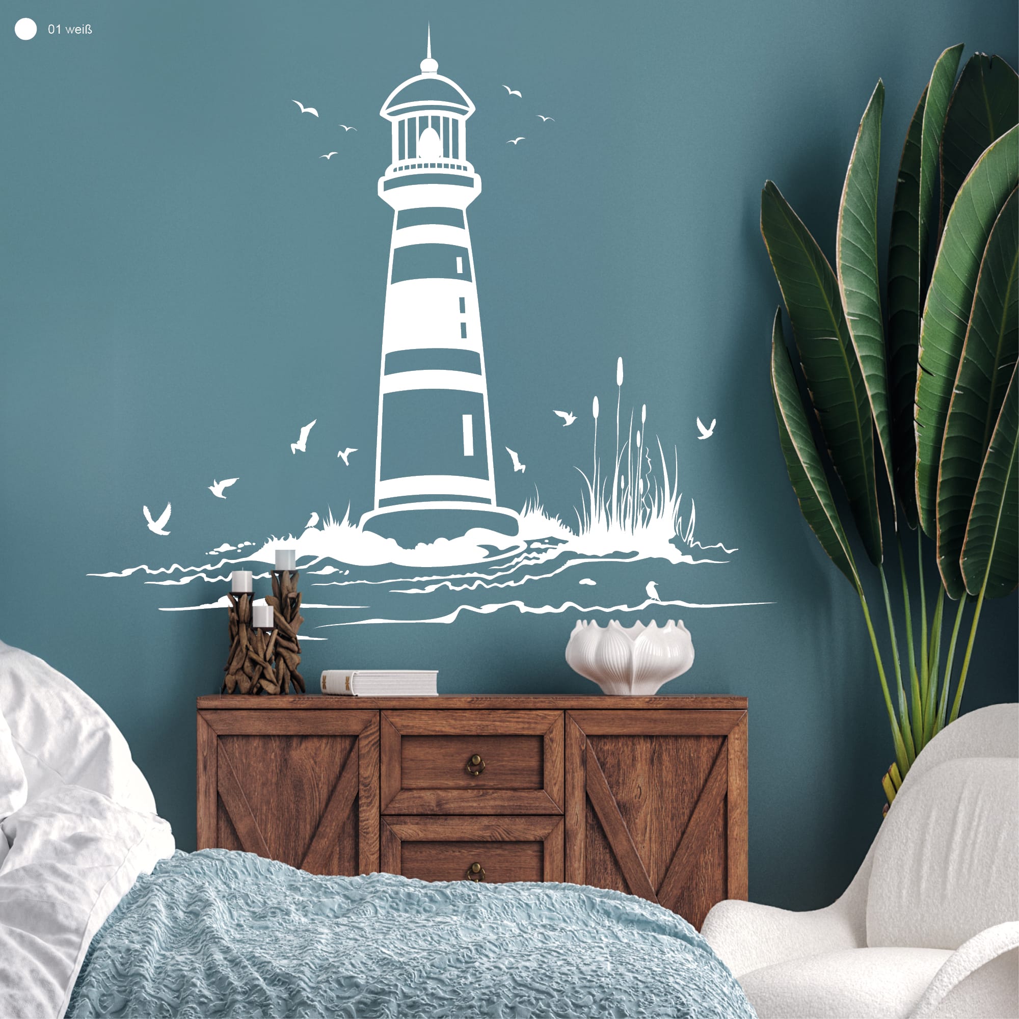 Auf dem Bild ist das Produkt: Wandtattoo Strand mit Leuchtturm und Vögeln maritime Dekoration zum Preis von €23.9 abgebildet.