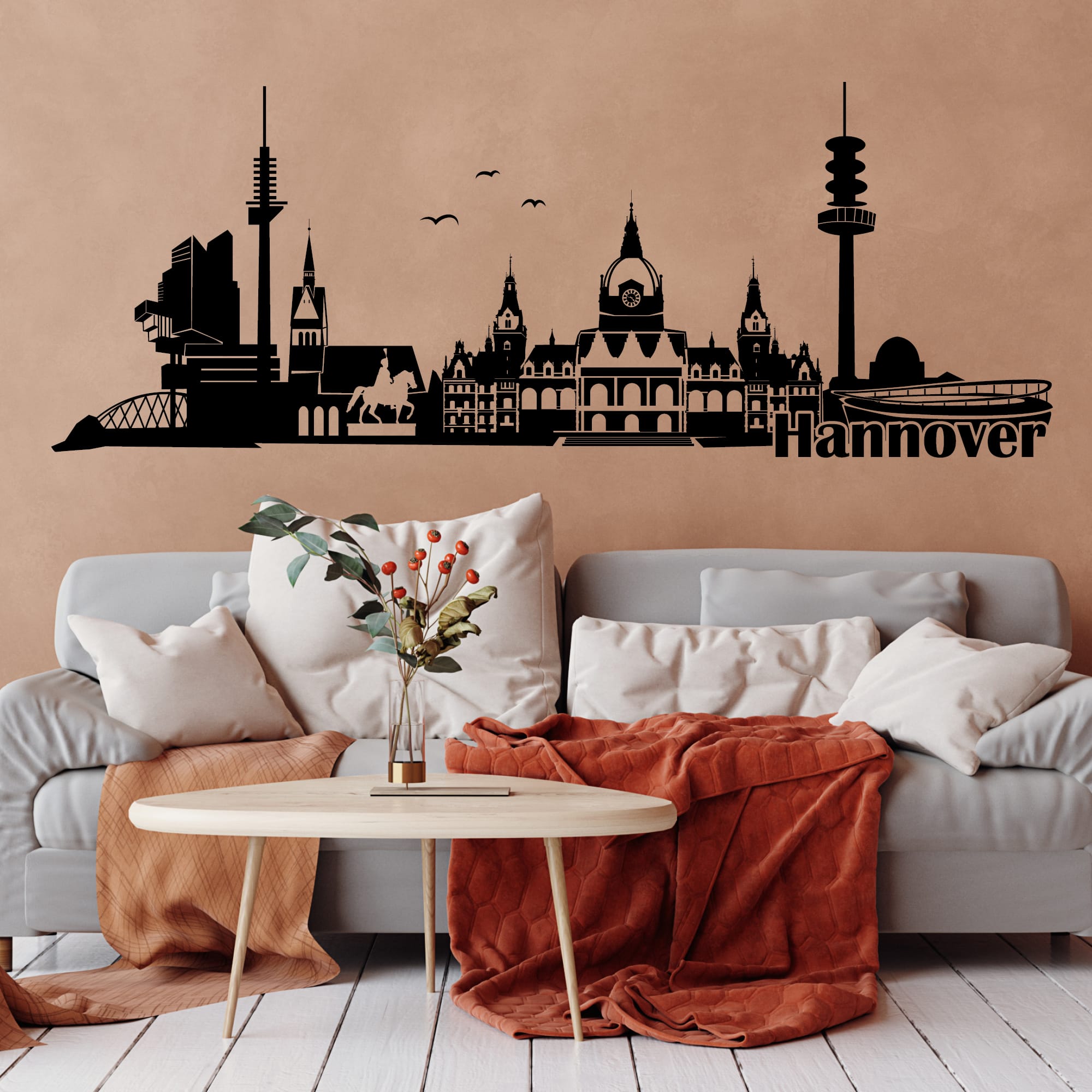 Auf dem Bild ist das Produkt: Wandtattoo Wandbild Hannover Skyline Niedersachsen, Heimat zum Preis von €27.9 abgebildet.