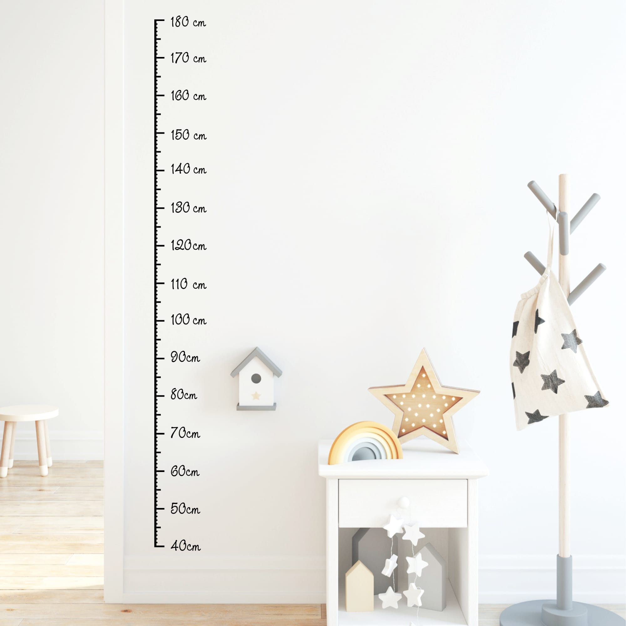 Wandtattoo Kinderzimmer Messlatte Maßband 40 – 180 cm ohne Hintergrundfolie Wandsticker, 1 cm Abstand
