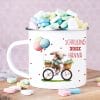 Auf dem Bild ist das Produkt: Kindertasse Emaille Becher Hase auf Fahrrad Schulkind personalisiertes Geschenk Einschulung Schulanfang Mädchen zum Preis von €18.90 abgebildet.
