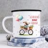 Auf dem Bild ist das Produkt: Kindertasse Emaille Becher Hase auf Fahrrad Schulkind personalisiertes Geschenk Einschulung Schulanfang Mädchen zum Preis von €18.90 abgebildet.