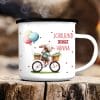 Auf dem Bild ist das Produkt: Kindertasse Emaille Becher Hase auf Fahrrad Schulkind personalisiertes Geschenk Einschulung Schulanfang Mädchen zum Preis von €18.90 abgebildet.