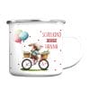 Auf dem Bild ist das Produkt: Kindertasse Emaille Becher Hase auf Fahrrad Schulkind personalisiertes Geschenk Einschulung Schulanfang Mädchen zum Preis von €18.90 abgebildet.