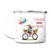 Auf dem Bild ist das Produkt: Kindertasse Emaille Becher Hase auf Fahrrad Schulkind personalisiertes Geschenk Einschulung Schulanfang Mädchen zum Preis von €18.90 abgebildet.