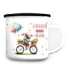 Auf dem Bild ist das Produkt: Kindertasse Emaille Becher Hase auf Fahrrad Schulkind personalisiertes Geschenk Einschulung Schulanfang Mädchen zum Preis von €18.90 abgebildet.