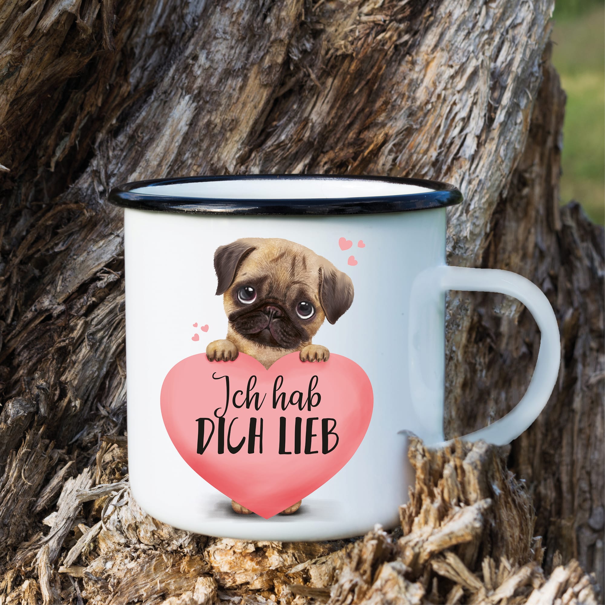 Emaille Campingbecher Hund Mops Ich hab dich lieb Geschenk Geburtstag