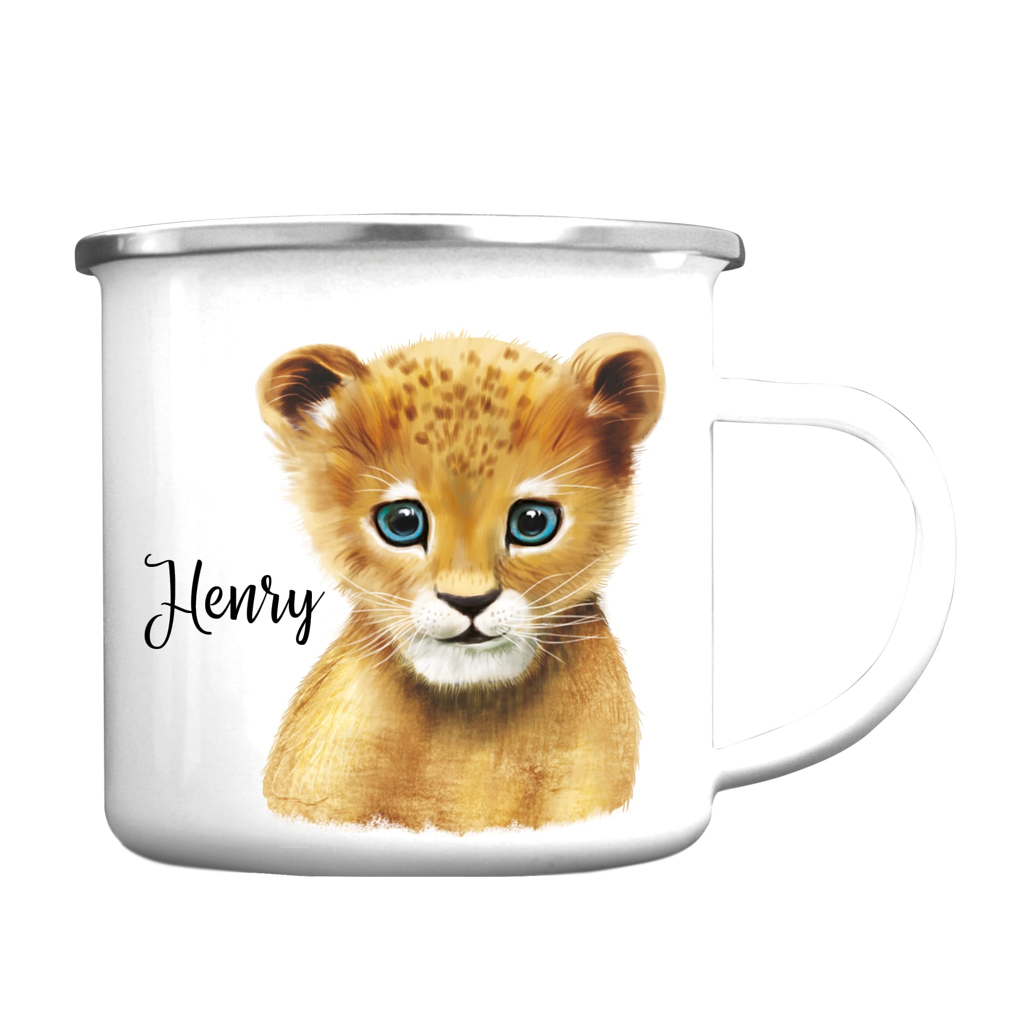 Auf dem Bild ist das Produkt: Emaille Campingbecher Kindertasse Löwe Lion Löwenkind personalisiert mit Wunschnamen Geschenk Geburtstag zum Preis von €18.9 abgebildet.