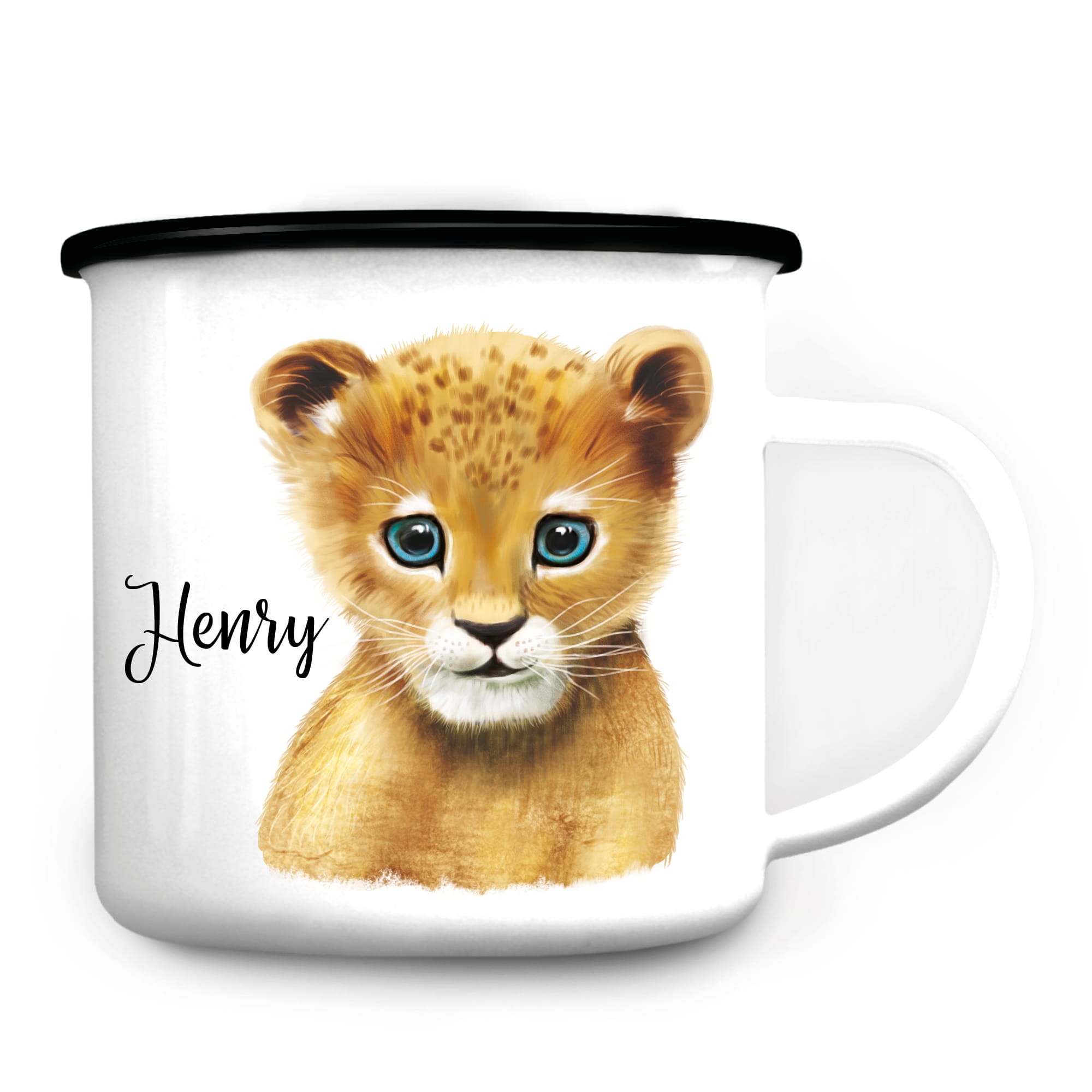 Auf dem Bild ist das Produkt: Emaille Campingbecher Kindertasse Löwe Lion Löwenkind personalisiert mit Wunschnamen Geschenk Geburtstag zum Preis von €18.9 abgebildet.