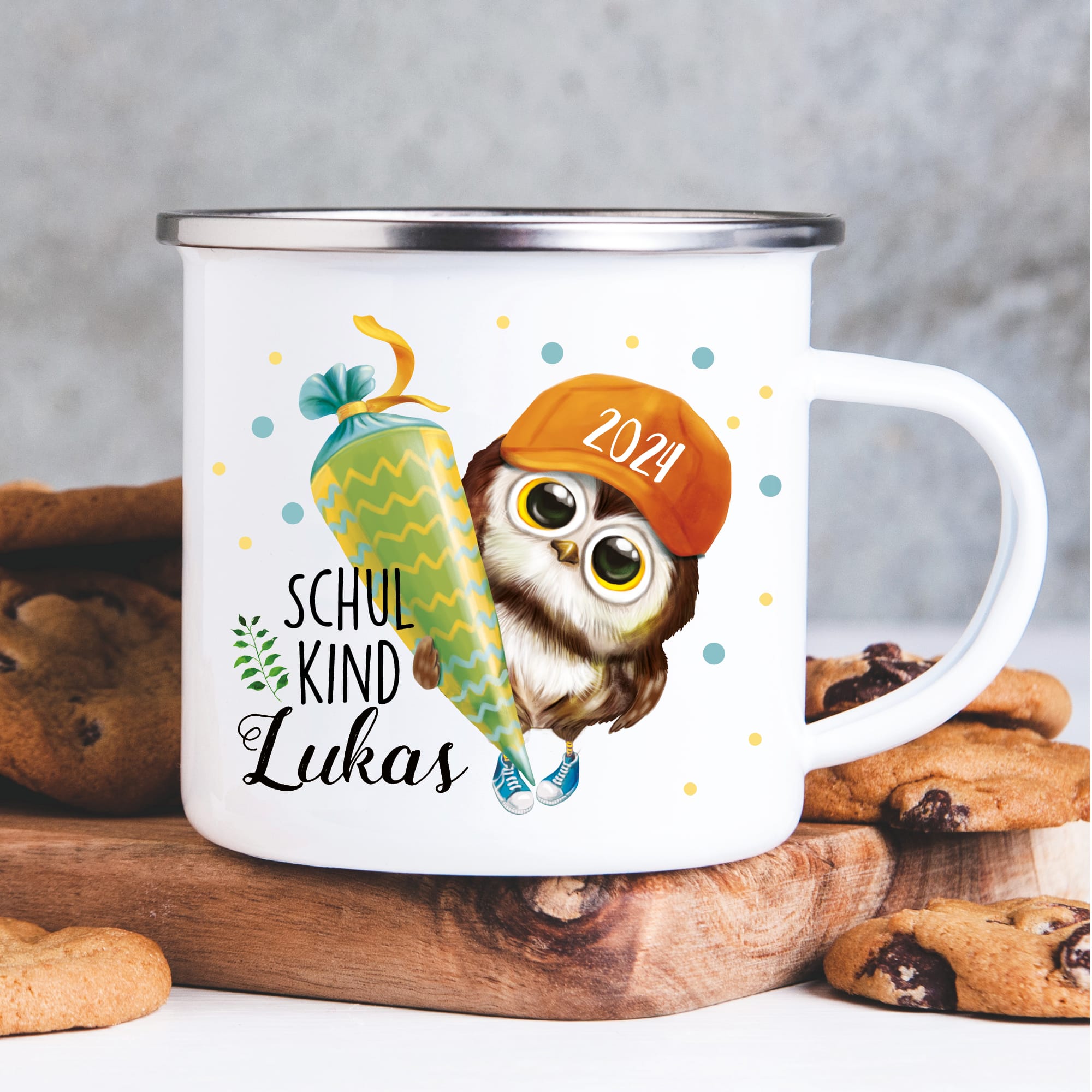 Kindertasse Emaille Becher Eule Schulkind Junge Einschulung Geschenk Outdoorgeschirr