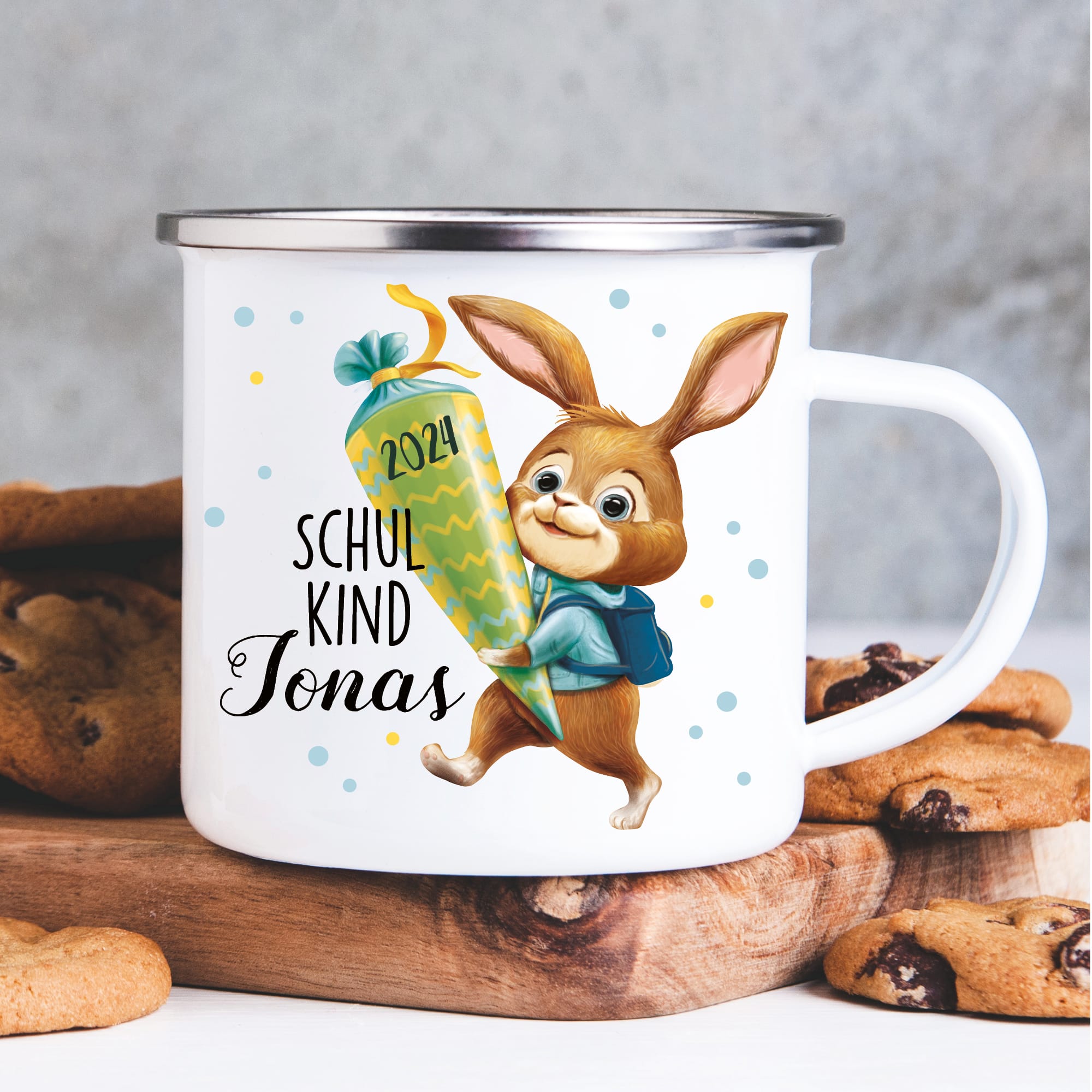 Kindertasse Emaille Becher Hase Schulkind Einschulung Geschenk Einschulungsgeschenk 300 ml Schule