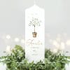 Auf dem Bild ist das Produkt: Taufkerze oder Kerze zur Geburt Junge Mädchen junger Oliven Baum Bäumchen pastell mit Namen, Datum und Spruch zum Preis von €5.90 abgebildet.
