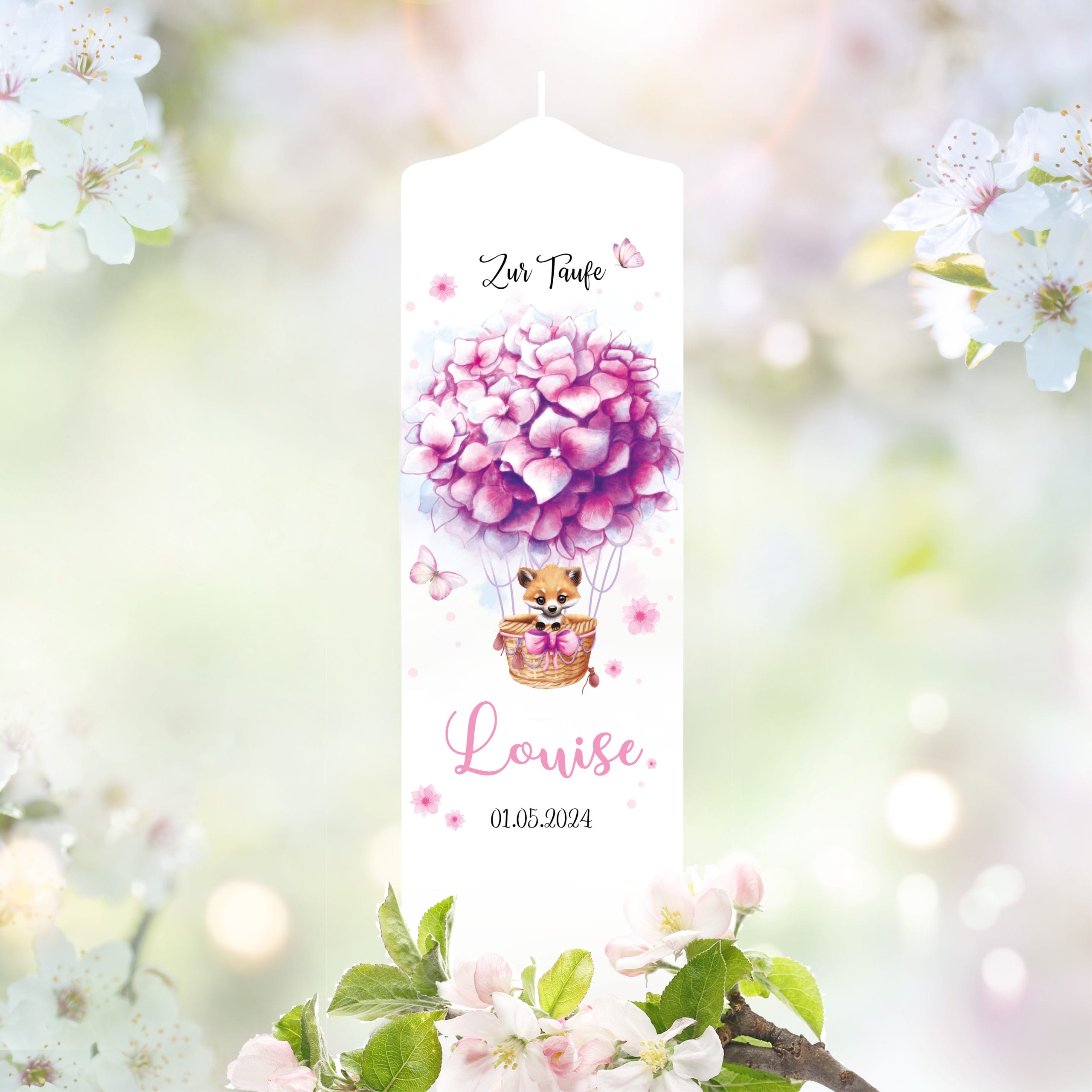 Auf dem Bild ist das Produkt: Taufkerze Junge Mädchen Heißluftballon Fuchs Blumen bedruckt personalisiert Kerze Kind Kirche zum Preis von €5.9 abgebildet.